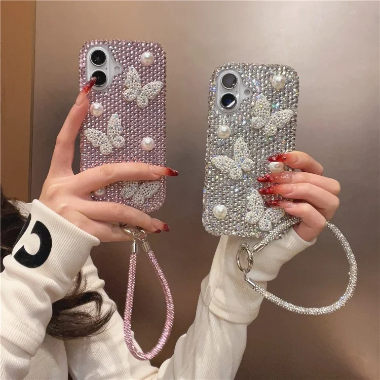 For iPhone 16 Case with Strap Luxury Pearl Butterfly Rhinestones Decor Phone Cover - White
