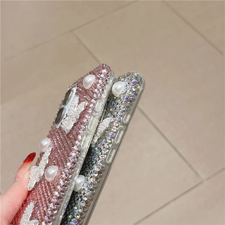 For iPhone 16 Case with Strap Luxury Pearl Butterfly Rhinestones Decor Phone Cover - White