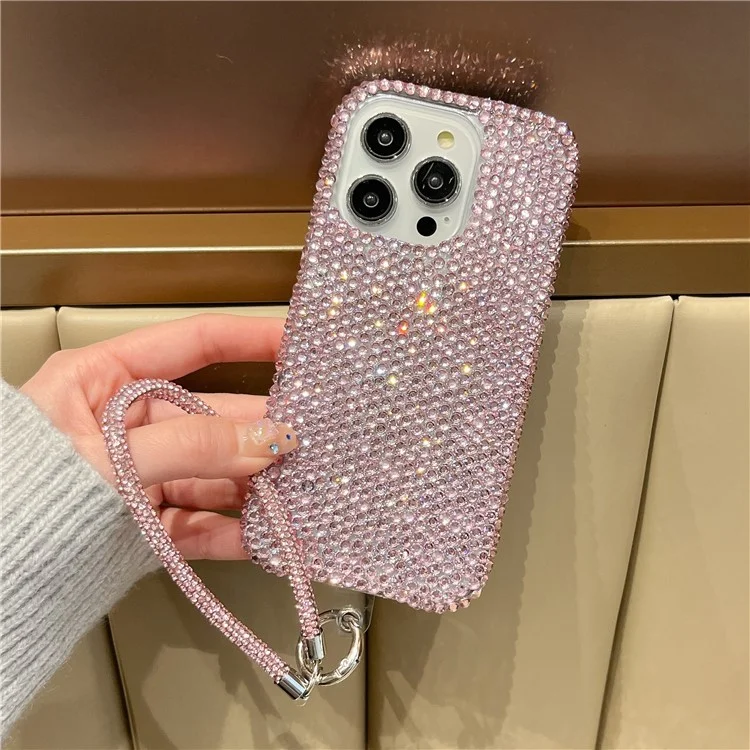For iPhone 16 Pro Max Case Luxury Rhinestone Encrusted Protective Phone Cover with Hand Chain - Pink