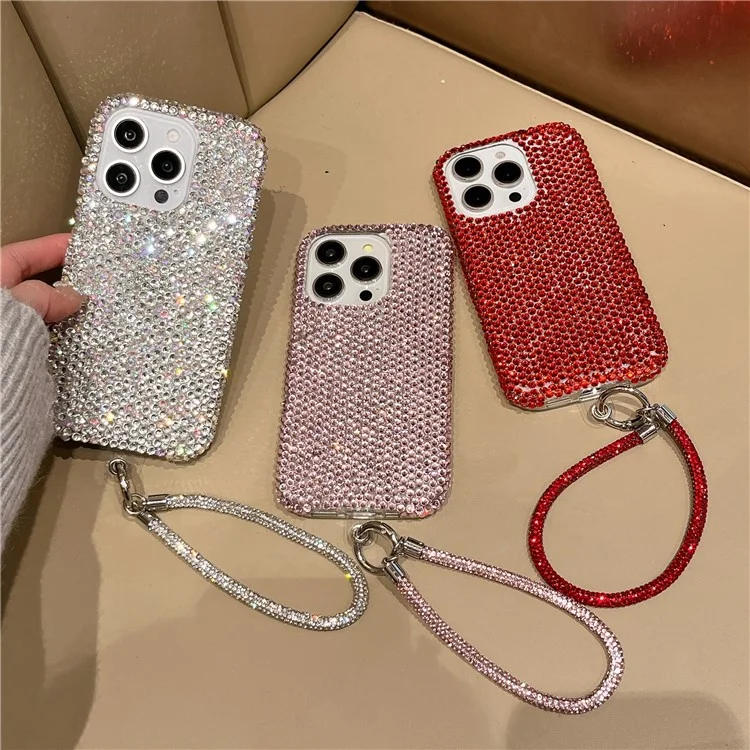 For iPhone 16 Pro Max Case Luxury Rhinestone Encrusted Protective Phone Cover with Hand Chain - Pink