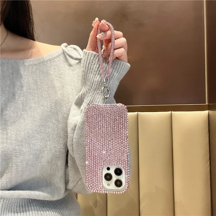 For iPhone 16 Pro Max Case Luxury Rhinestone Encrusted Protective Phone Cover with Hand Chain - Pink