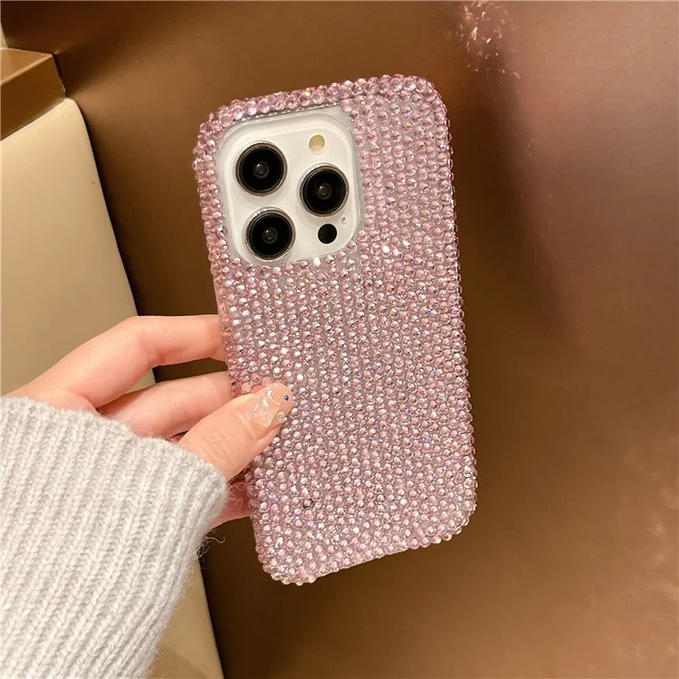 For iPhone 16 Pro Max Case Luxury Rhinestone Encrusted Protective Phone Cover with Hand Chain - Pink