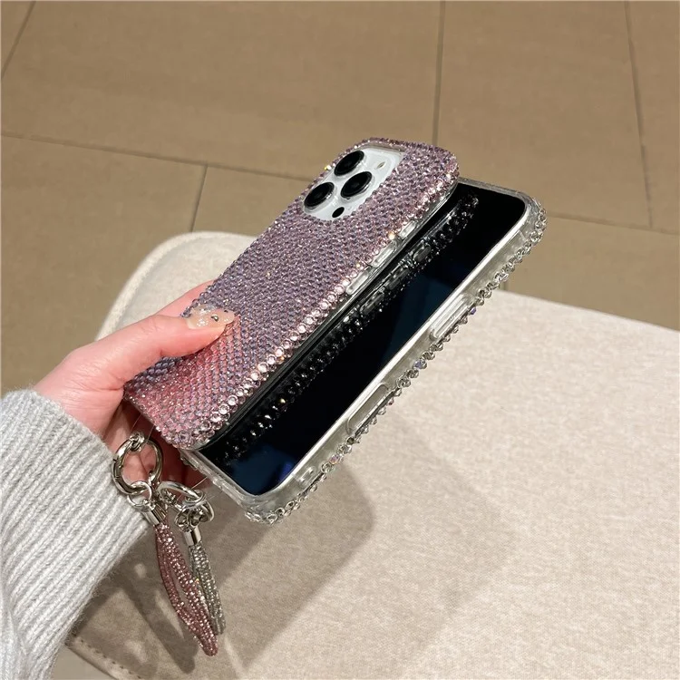 For iPhone 16 Pro Max Case Luxury Rhinestone Encrusted Protective Phone Cover with Hand Chain - Pink
