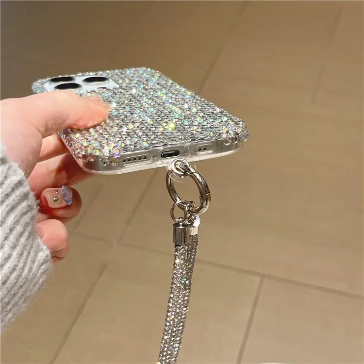 For iPhone 16 Pro Max Case Luxury Rhinestone Encrusted Protective Phone Cover with Hand Chain - Pink