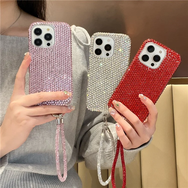 For iPhone 16 Pro Max Case Luxury Rhinestone Encrusted Protective Phone Cover with Hand Chain - Pink