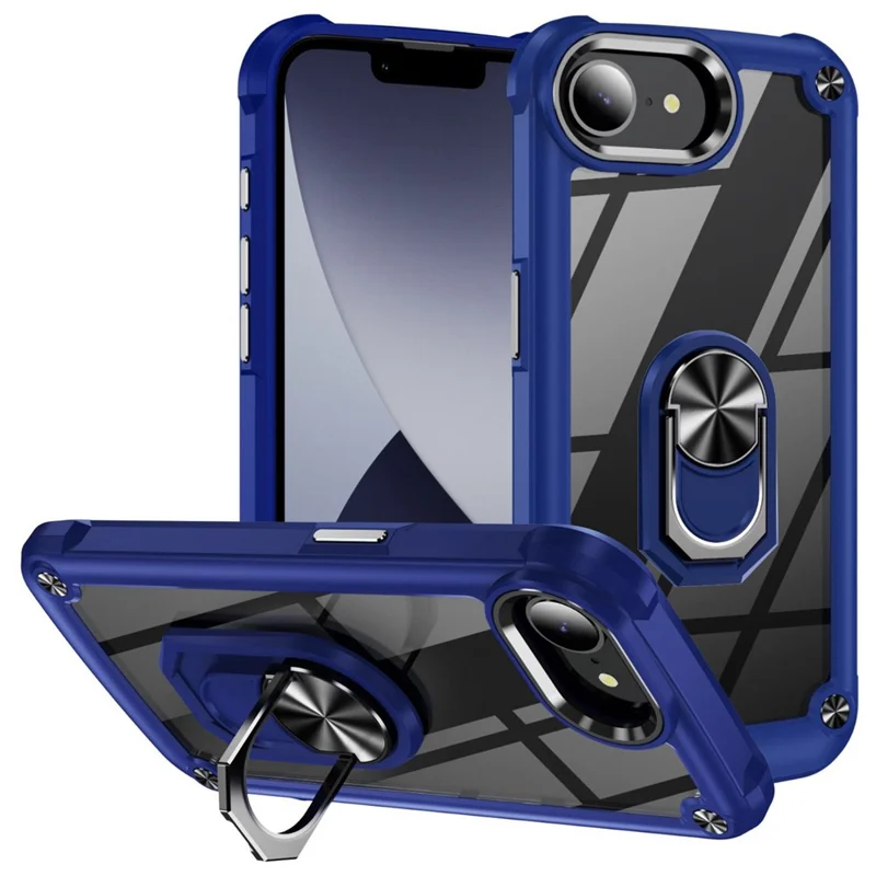 For iPhone 16e Case Alloy Lens Frame PC + TPU Kickstand Phone Back Cover - Blue  /  Black