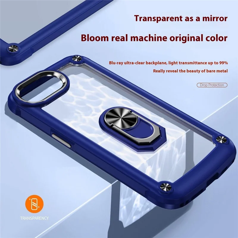 For iPhone 16e Case Alloy Lens Frame PC + TPU Kickstand Phone Back Cover - Blue  /  Black