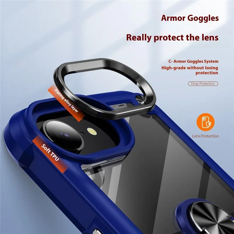 For iPhone 16e Case Alloy Lens Frame PC + TPU Kickstand Phone Back Cover - Blue  /  Black