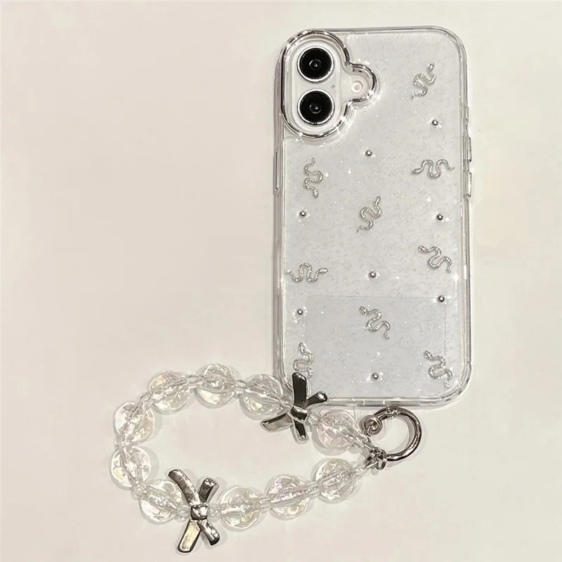 For iPhone 16 Case Snake Pattern Epoxy Design PC + TPU Phone Cover with Wrist Strap - White