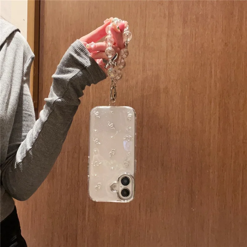 For iPhone 16 Case Snake Pattern Epoxy Design PC + TPU Phone Cover with Wrist Strap - White