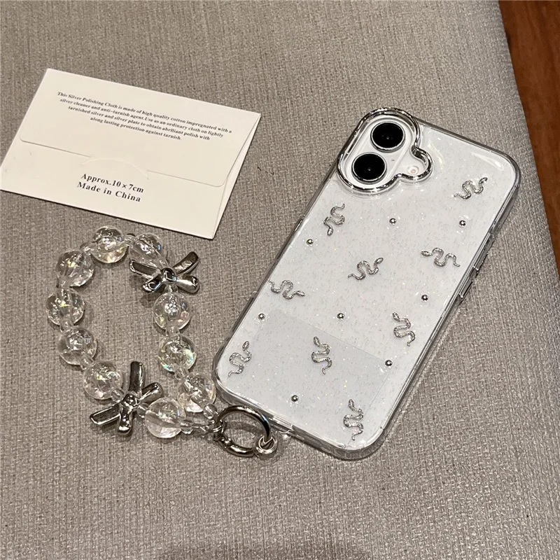 For iPhone 16 Case Snake Pattern Epoxy Design PC + TPU Phone Cover with Wrist Strap - White