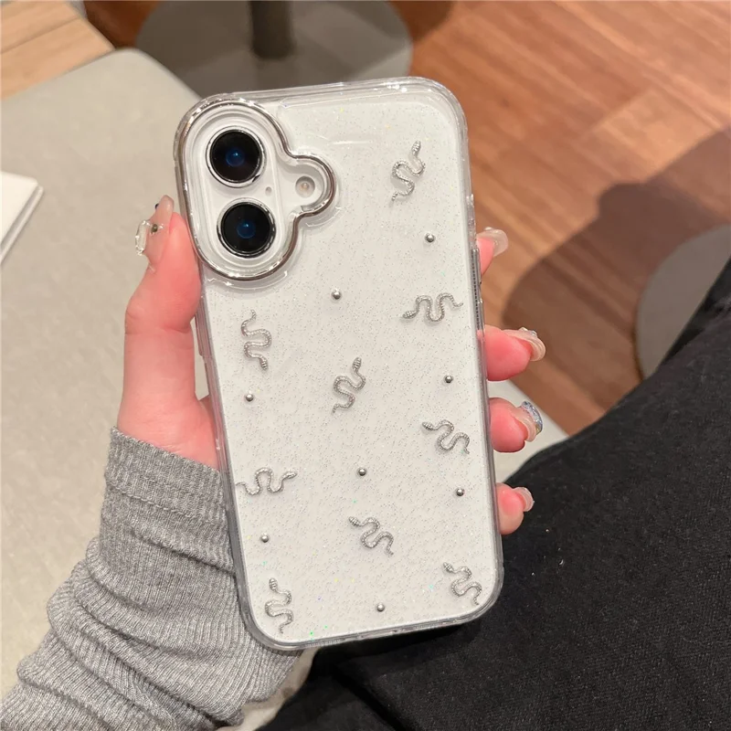 For iPhone 16 Case Snake Pattern Epoxy Design PC + TPU Phone Cover with Wrist Strap - White