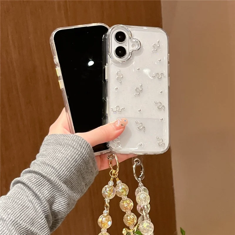 For iPhone 16 Case Snake Pattern Epoxy Design PC + TPU Phone Cover with Wrist Strap - White