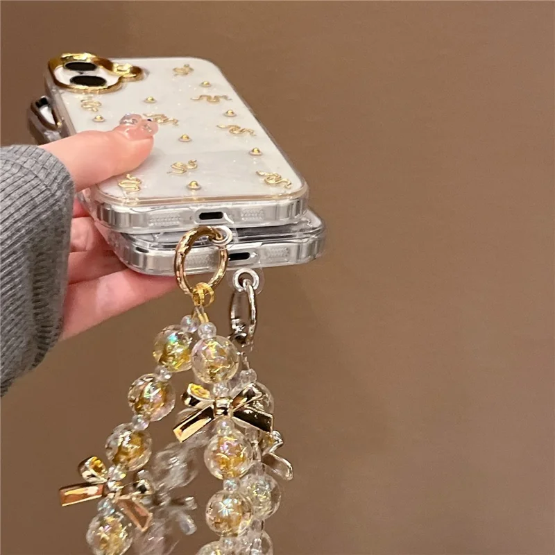 For iPhone 16 Case Snake Pattern Epoxy Design PC + TPU Phone Cover with Wrist Strap - White