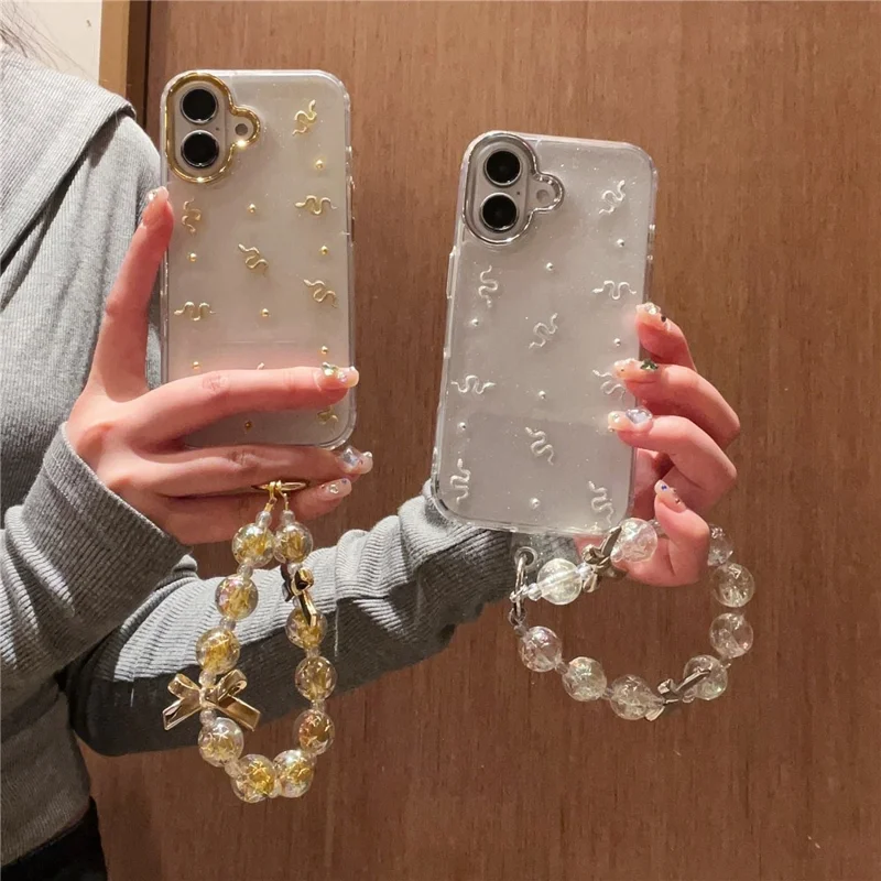 For iPhone 16 Case Snake Pattern Epoxy Design PC + TPU Phone Cover with Wrist Strap - White