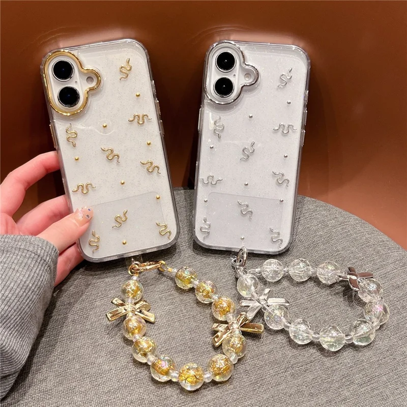 For iPhone 16 Case Snake Pattern Epoxy Design PC + TPU Phone Cover with Wrist Strap - White