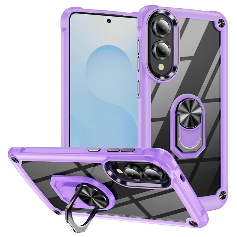 For Samsung Galaxy S25 Edge Case Alloy Lens Frame PC + TPU Kickstand Phone Back Cover - Purple  /  Black