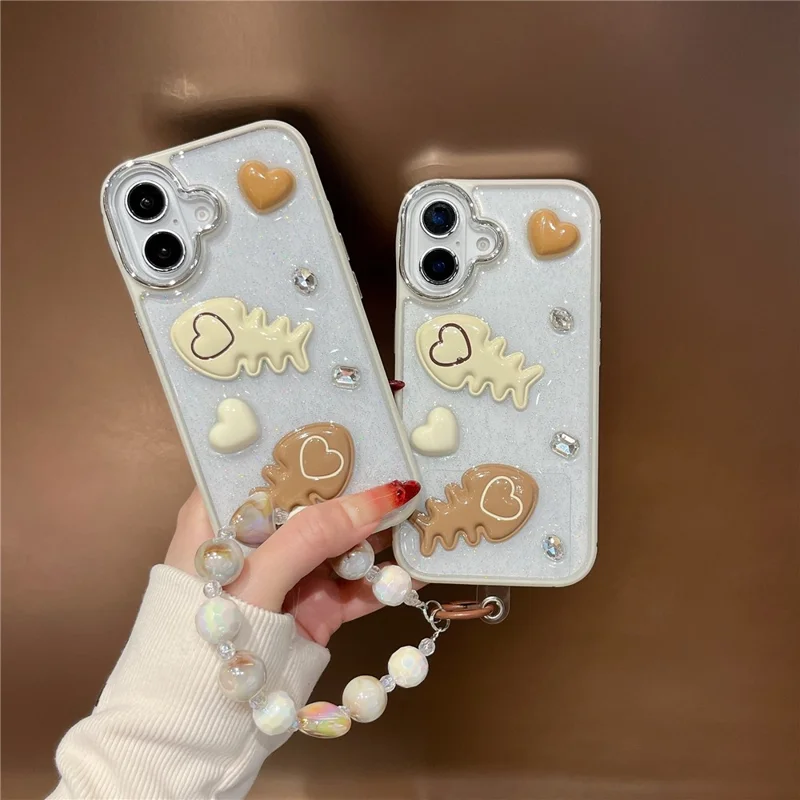For iPhone 16 Case with Strap Glitter Heart Double Fishbone Epoxy PC TPU Phone Cover