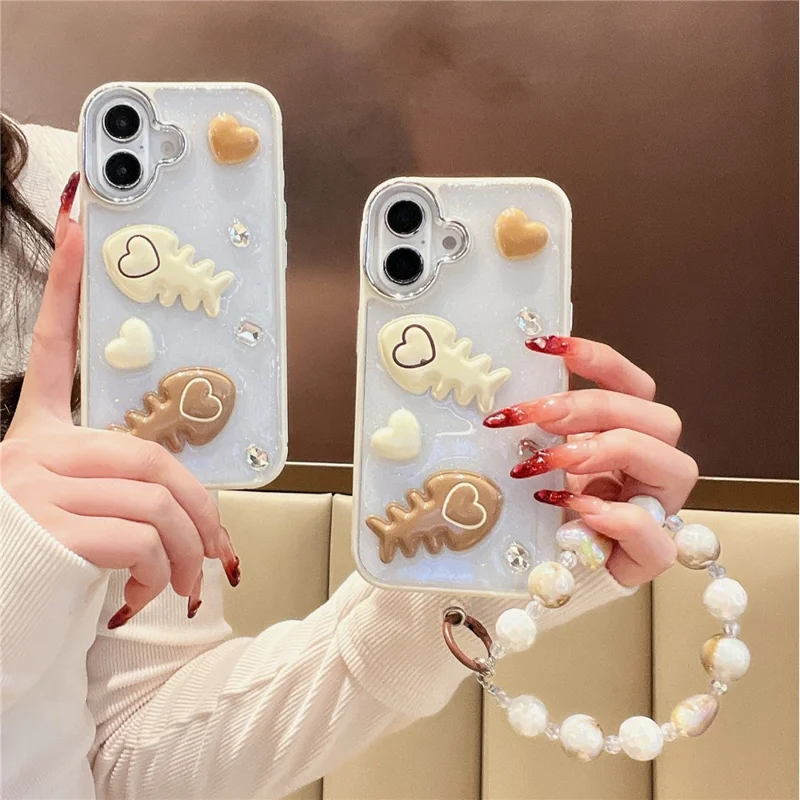 For iPhone 16 Case with Strap Glitter Heart Double Fishbone Epoxy PC TPU Phone Cover