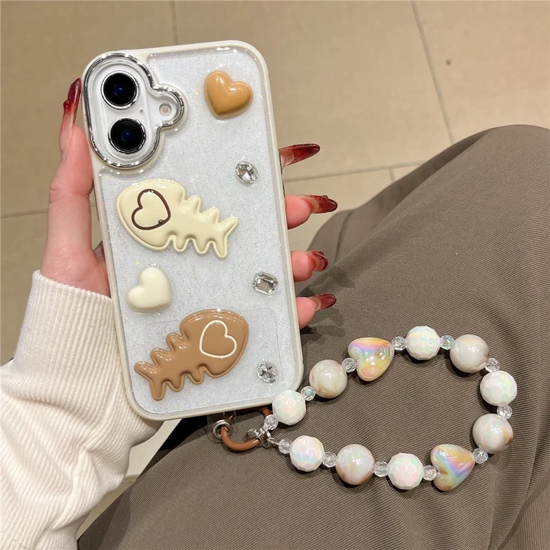 For iPhone 16 Case with Strap Glitter Heart Double Fishbone Epoxy PC TPU Phone Cover