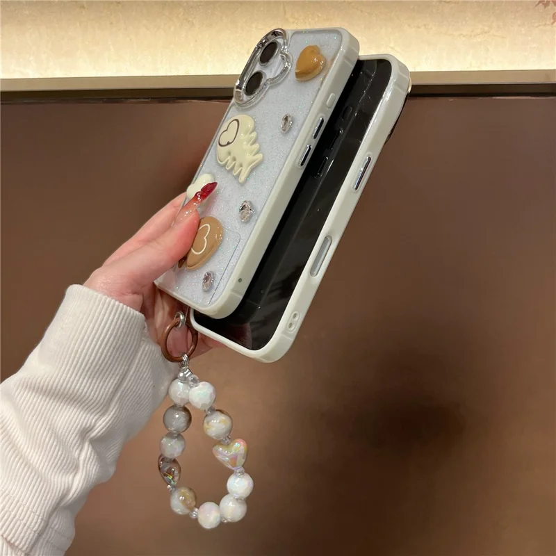 For iPhone 16 Case with Strap Glitter Heart Double Fishbone Epoxy PC TPU Phone Cover