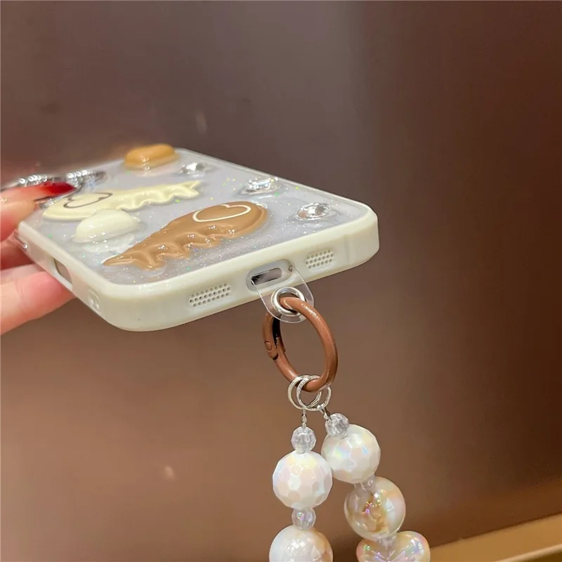 For iPhone 16 Case with Strap Glitter Heart Double Fishbone Epoxy PC TPU Phone Cover