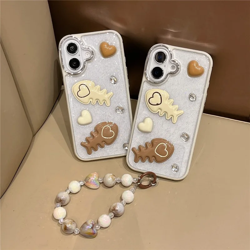 For iPhone 16 Case with Strap Glitter Heart Double Fishbone Epoxy PC TPU Phone Cover