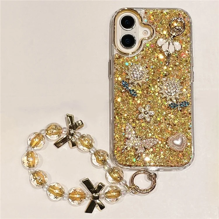 For iPhone 16 Case with Strap Glitter Sunflower Butterfly Epoxy Design Phone Cover