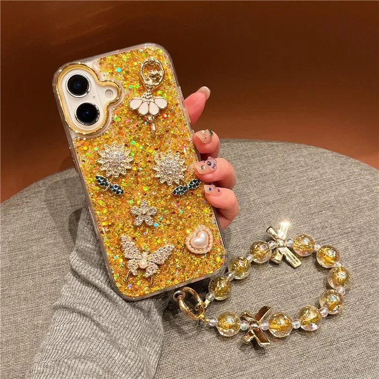 For iPhone 16 Case with Strap Glitter Sunflower Butterfly Epoxy Design Phone Cover