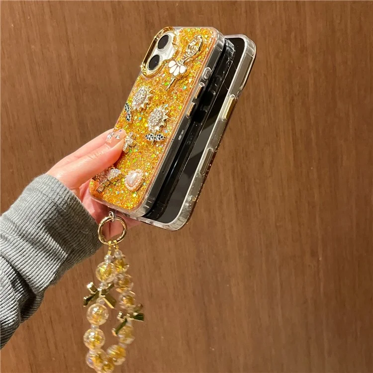 For iPhone 16 Case with Strap Glitter Sunflower Butterfly Epoxy Design Phone Cover