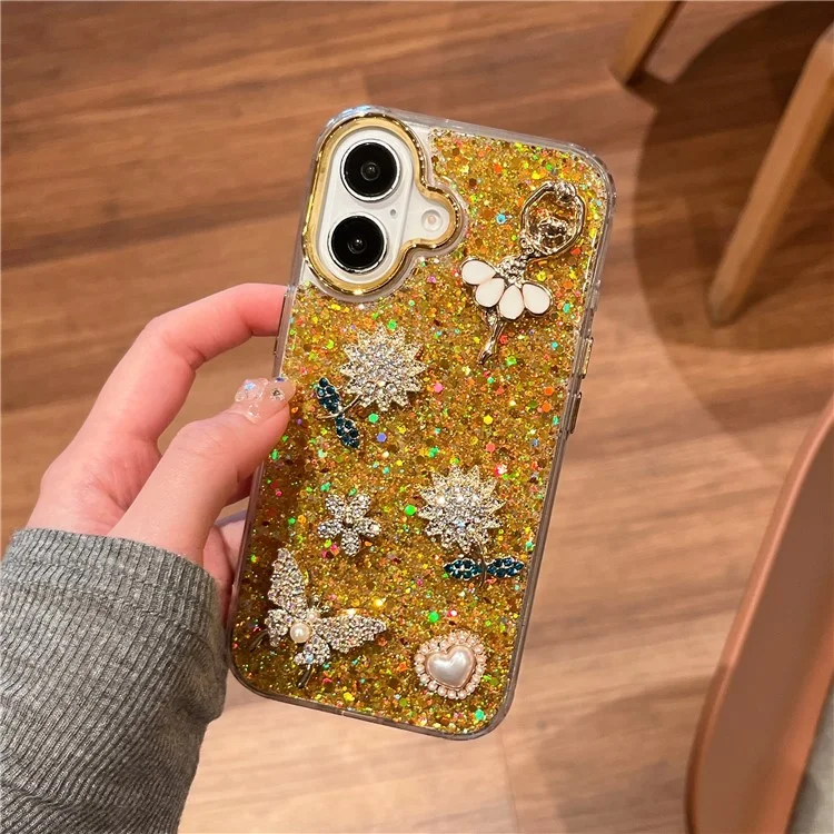 For iPhone 16 Case with Strap Glitter Sunflower Butterfly Epoxy Design Phone Cover