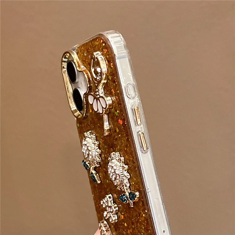 For iPhone 16 Case with Strap Glitter Sunflower Butterfly Epoxy Design Phone Cover