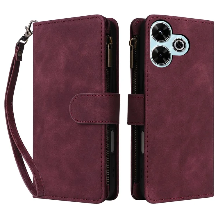 Capa para Xiaomi Redmi 13 4G / 5G com Carteira de Zíper, Múltiplos Compartimentos para Cartões, Couro - Vermelho Vinho
