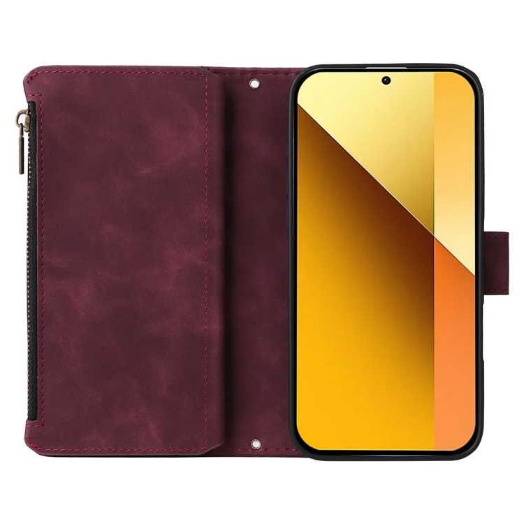 Capa para Xiaomi Redmi 13 4G / 5G com Carteira de Zíper, Múltiplos Compartimentos para Cartões, Couro - Vermelho Vinho