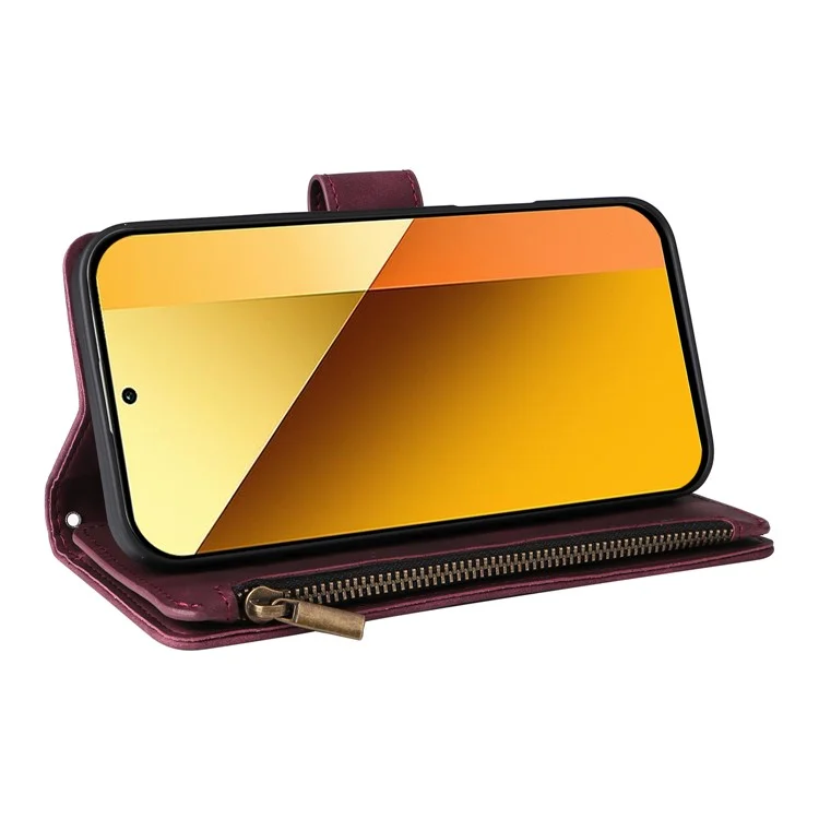Capa para Xiaomi Redmi 13 4G / 5G com Carteira de Zíper, Múltiplos Compartimentos para Cartões, Couro - Vermelho Vinho