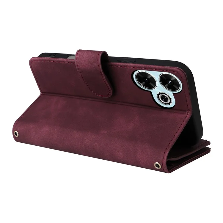 Capa para Xiaomi Redmi 13 4G / 5G com Carteira de Zíper, Múltiplos Compartimentos para Cartões, Couro - Vermelho Vinho