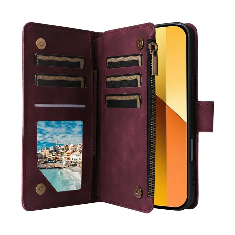 Capa para Xiaomi Redmi 13 4G / 5G com Carteira de Zíper, Múltiplos Compartimentos para Cartões, Couro - Vermelho Vinho