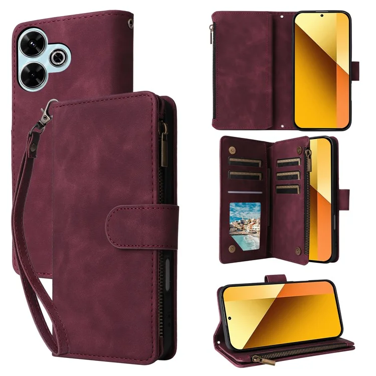 Capa para Xiaomi Redmi 13 4G / 5G com Carteira de Zíper, Múltiplos Compartimentos para Cartões, Couro - Vermelho Vinho