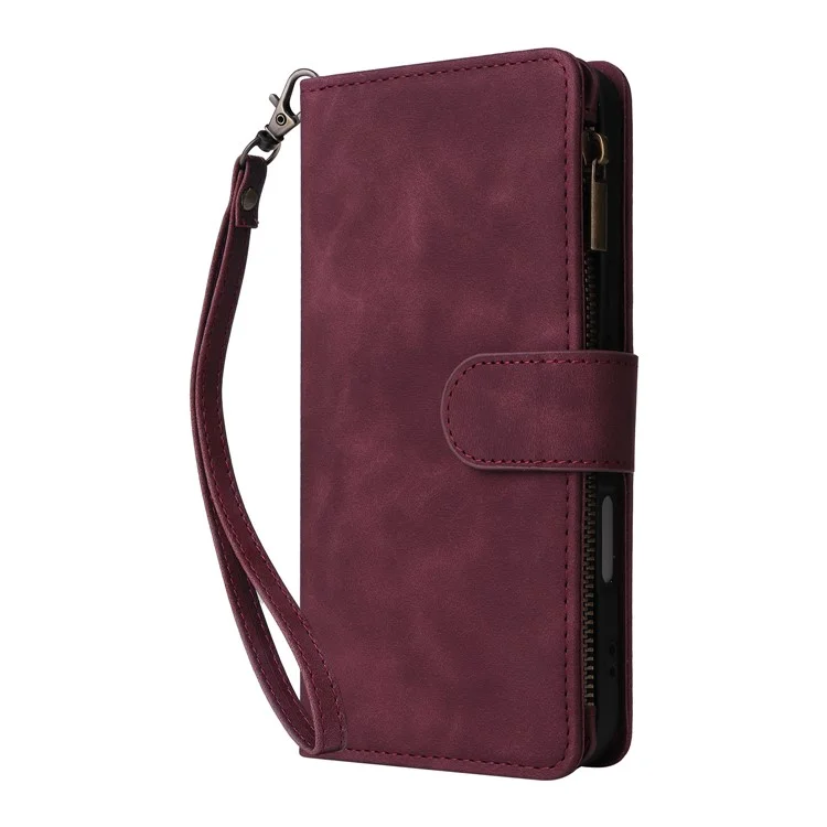 Capa para Xiaomi Redmi 13 4G / 5G com Carteira de Zíper, Múltiplos Compartimentos para Cartões, Couro - Vermelho Vinho
