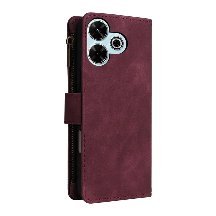 Capa para Xiaomi Redmi 13 4G / 5G com Carteira de Zíper, Múltiplos Compartimentos para Cartões, Couro - Vermelho Vinho
