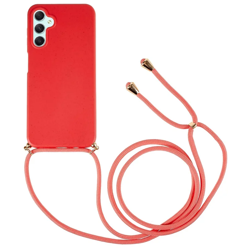 For Samsung Galaxy S25+ Case Biodegradable Wheat Straw+TPU Phone Cover with Long Lanyard - Red