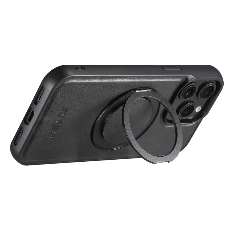 SUTENI G3 For iPhone 15 Pro Case Compatible with MagSafe Waxy Texture Rotating Kickstand Leather Phone Back Cover - Black