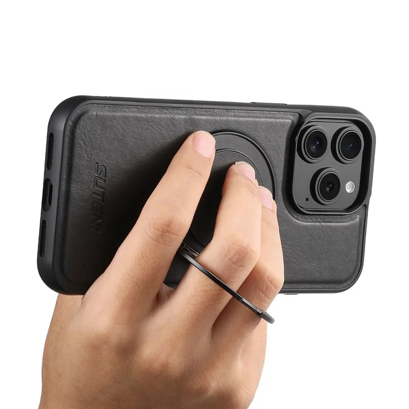 SUTENI G3 For iPhone 15 Pro Case Compatible with MagSafe Waxy Texture Rotating Kickstand Leather Phone Back Cover - Black