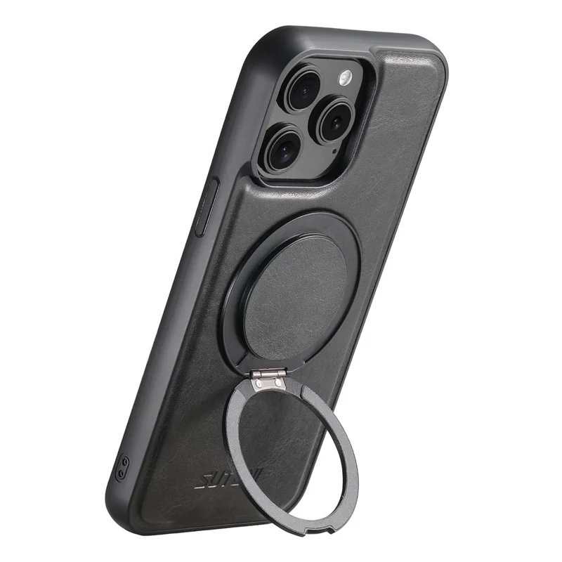 SUTENI G3 For iPhone 15 Pro Case Compatible with MagSafe Waxy Texture Rotating Kickstand Leather Phone Back Cover - Black
