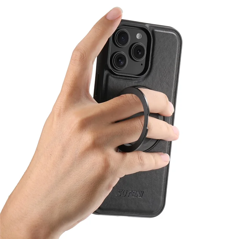 SUTENI G3 For iPhone 15 Pro Case Compatible with MagSafe Waxy Texture Rotating Kickstand Leather Phone Back Cover - Black