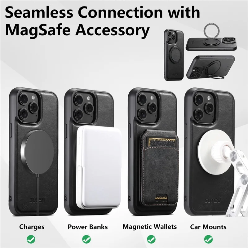 SUTENI G3 For iPhone 15 Pro Case Compatible with MagSafe Waxy Texture Rotating Kickstand Leather Phone Back Cover - Black