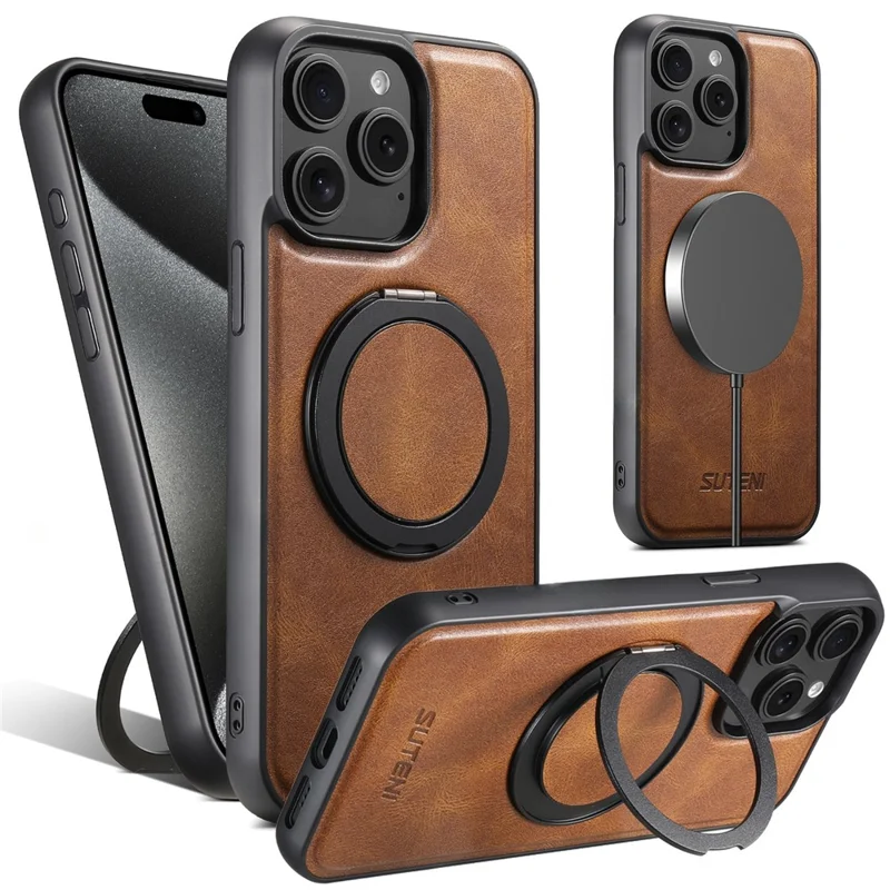 SUTENI G3 For iPhone 15 Pro Max Case Compatible with MagSafe Waxy Texture Rotating Kickstand Leather Phone Back Cover - Brown
