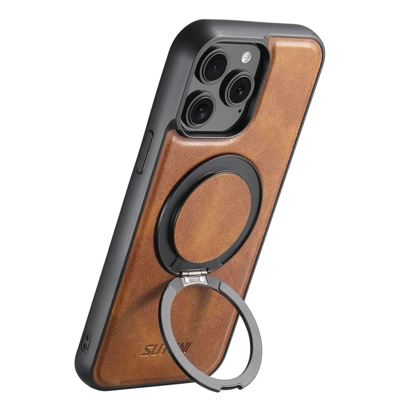 SUTENI G3 For iPhone 15 Pro Max Case Compatible with MagSafe Waxy Texture Rotating Kickstand Leather Phone Back Cover - Brown