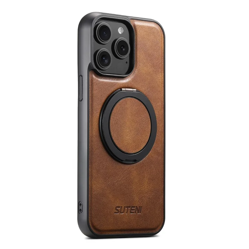 SUTENI G3 For iPhone 15 Pro Max Case Compatible with MagSafe Waxy Texture Rotating Kickstand Leather Phone Back Cover - Brown