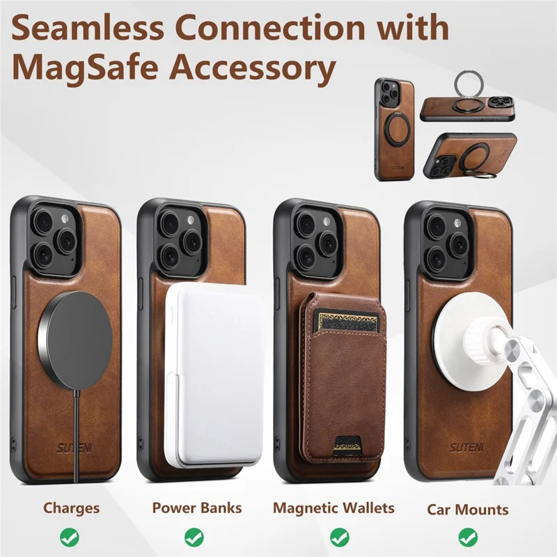 SUTENI G3 For iPhone 15 Pro Max Case Compatible with MagSafe Waxy Texture Rotating Kickstand Leather Phone Back Cover - Brown